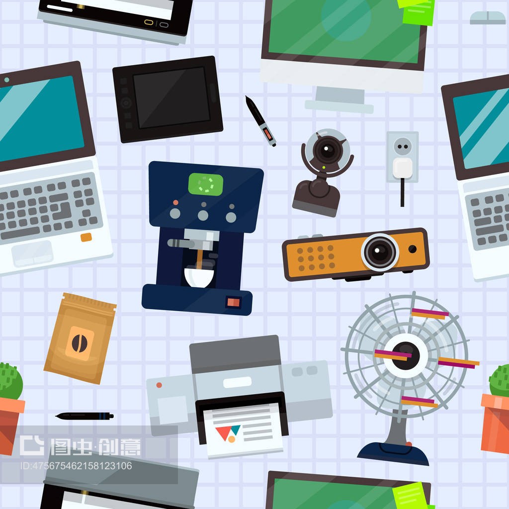 集团计算机办公设备。办公室电子数字矢量无缝图案背景Group computer office equipment. Office electronics digital vector seamless pattern background